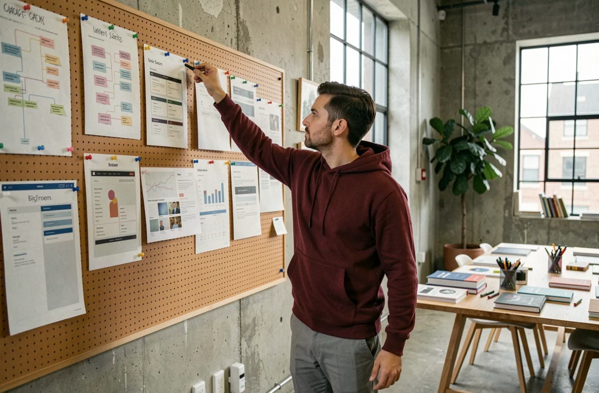 Designer UX de l'agence 15.100.17 affichant des parcours utilisateurs sur un grand mur de création dans un studio indépendant