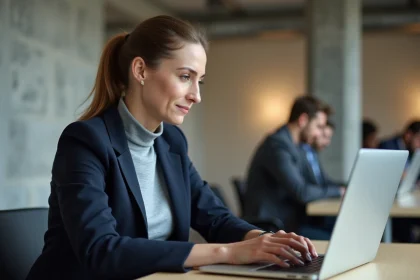 Femme professionnelle consultant ses mails Nomade Ville de Paris sur un ordinateur portable dans un espace de coworking moderne