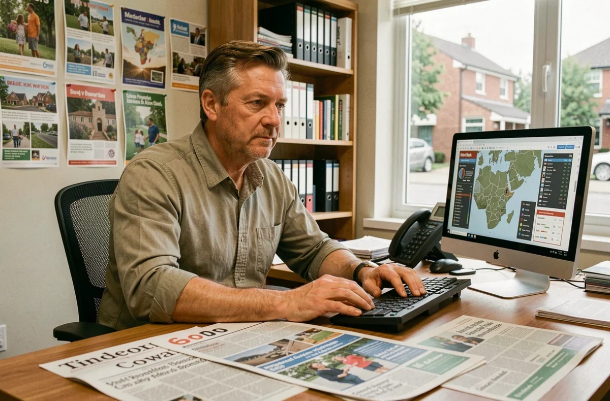 Responsable de l'agence Regicom travaillant sur des maquettes publicitaires régionales dans un bureau organisé et fonctionnel