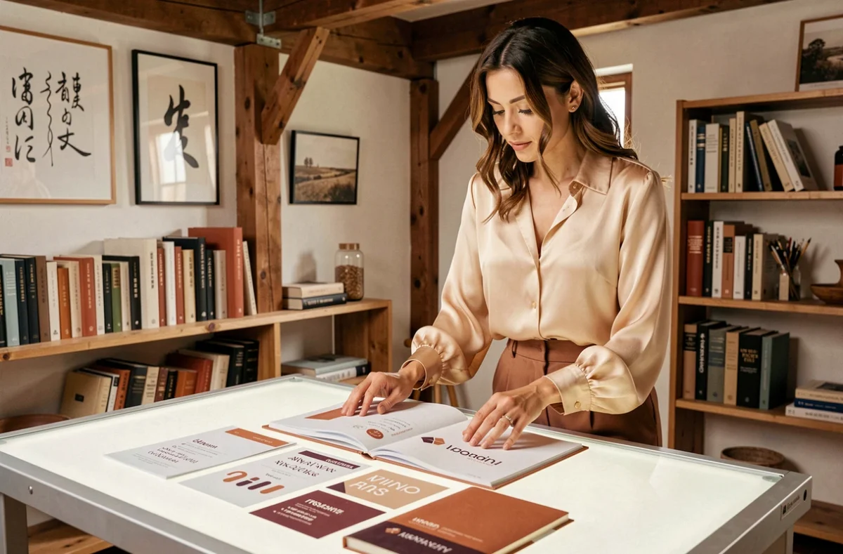 Créatrice de l'agence Rhapsodie arrangeant des éléments d'identité visuelle et des typographies sur une table lumineuse dans un studio raffiné