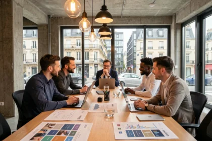 Équipe d'une agence de communication en Seine-Saint-Denis réunie autour d'une table de travail avec documents de stratégie marketing