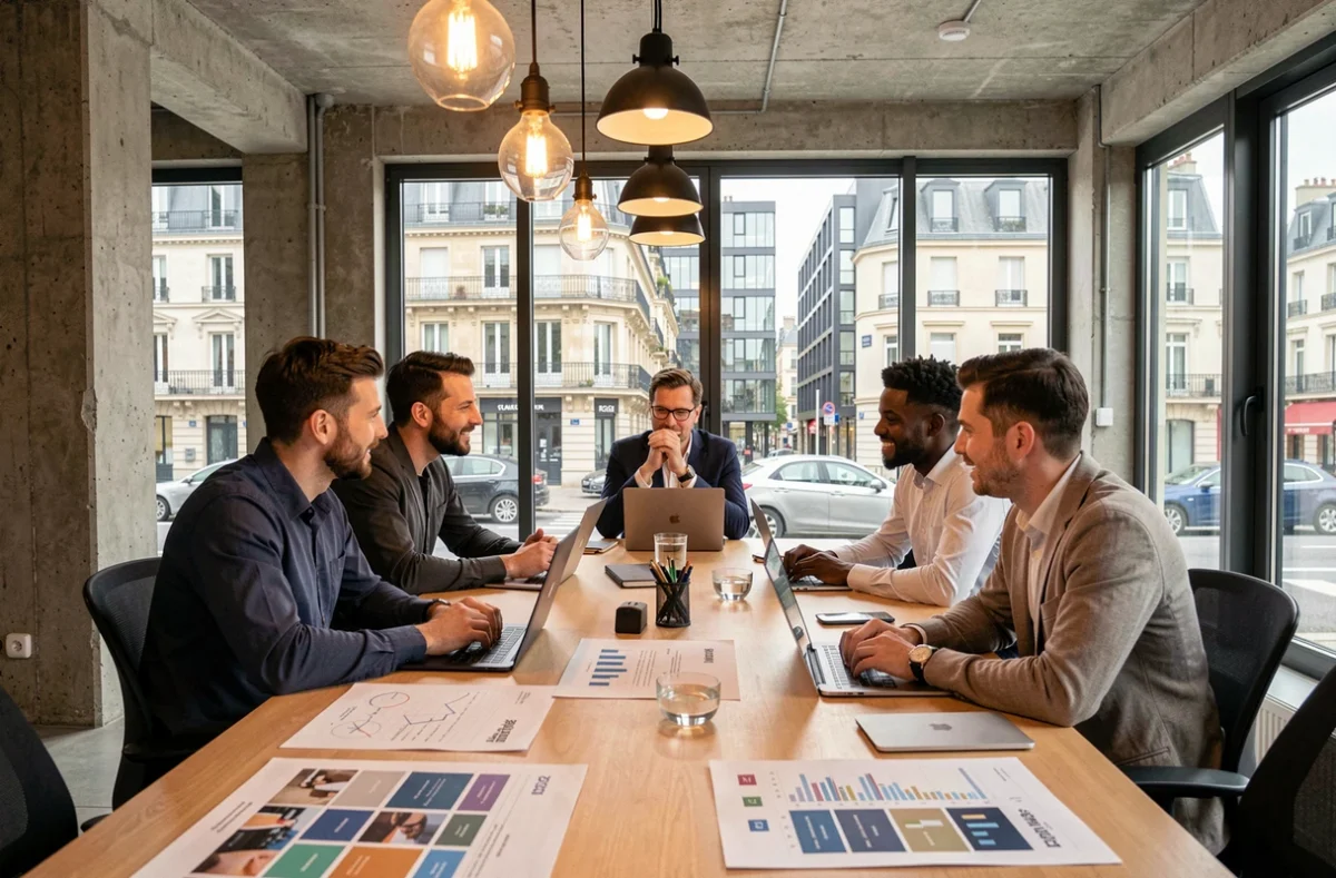 Équipe d'une agence de communication en Seine-Saint-Denis réunie autour d'une table de travail avec documents de stratégie marketing
