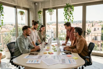 Équipe d'une agence de marketing digital dans l'Hérault travaillant ensemble autour d'un bureau moderne avec ordinateurs et rapports d'analyse
