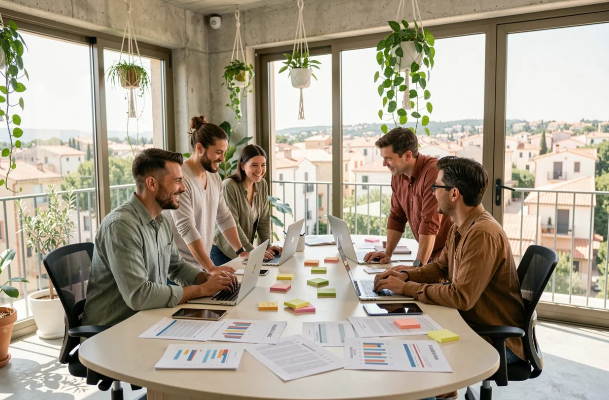 Équipe d'une agence de marketing digital dans l'Hérault travaillant ensemble autour d'un bureau moderne avec ordinateurs et rapports d'analyse
