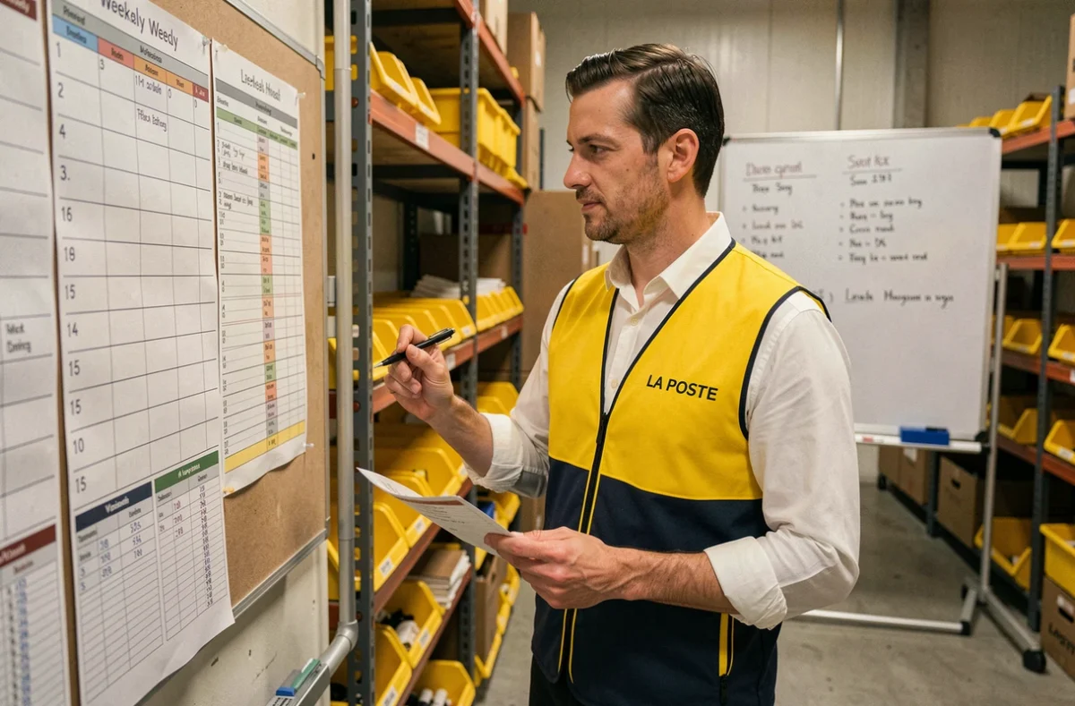 Agent postal consultant un planning d'horaires affiché dans une salle de tri de La Poste