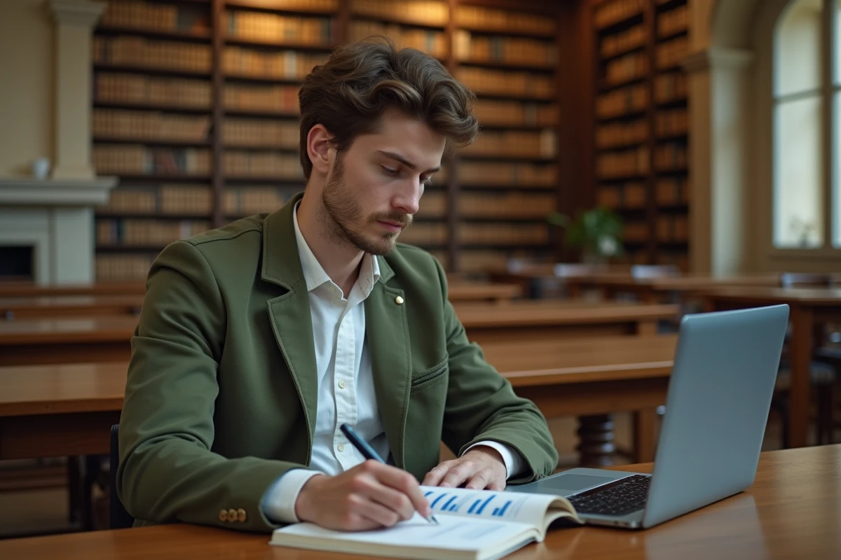 Jeune agent territorial catégorie A consultant une grille salariale dans une bibliothèque publique