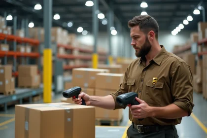 Agent UPS scannant un colis au comptoir du centre de tri de Corbeil-Essonnes