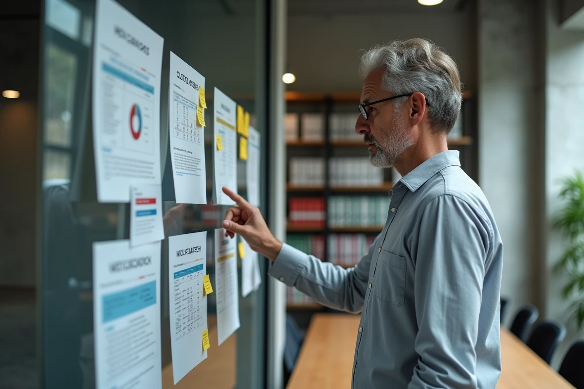 Homme analysant des avis clients et documents de vérification d'entreprise sur un tableau de verre dans une salle de réunion