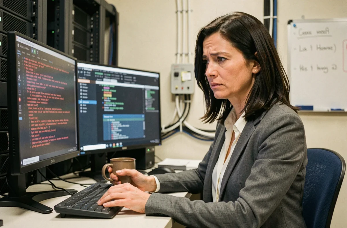 Ingénieure logicielle analysant des erreurs de configuration lors d'un déploiement en environnement professionnel