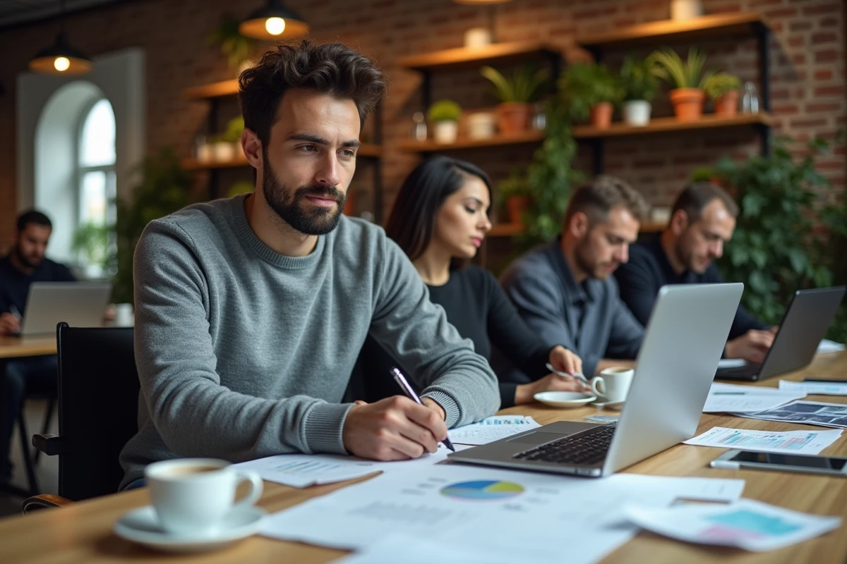 Analyste consultant des données économiques territoriales sur ordinateur portable dans un espace de coworking
