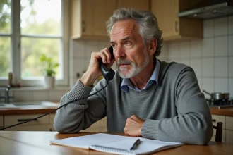 Homme appelant le service client France Télécom depuis sa cuisine pour obtenir un technicien rapidement