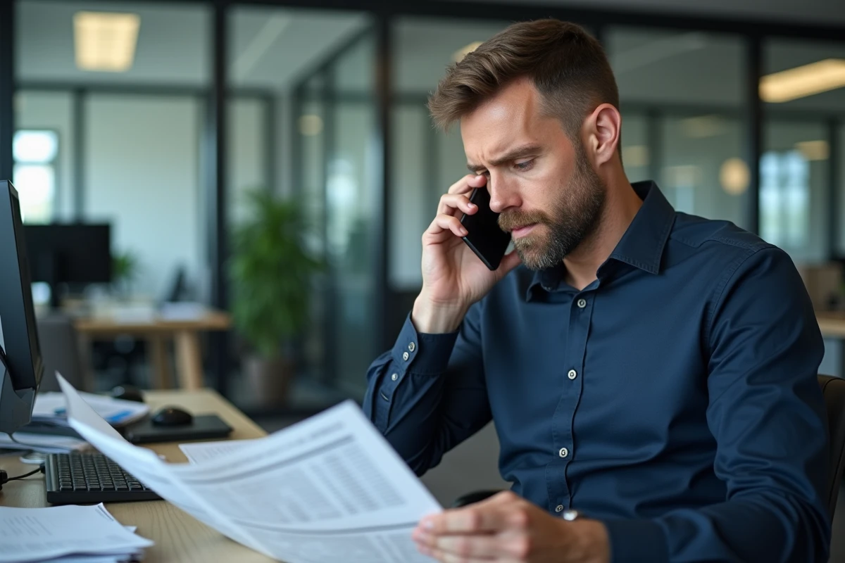 Homme d'affaires consultant un relevé de cotisations Urssaf en retard tout en téléphonant depuis son bureau professionnel