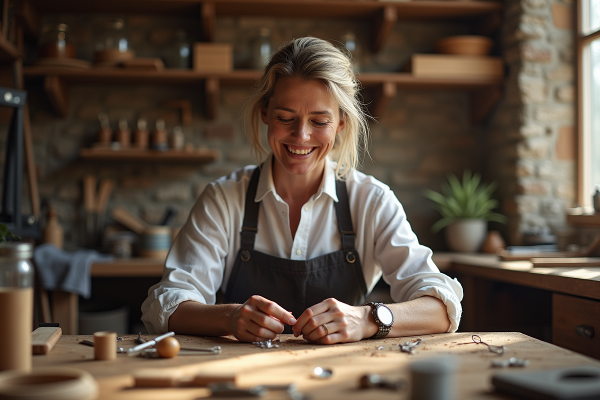 Femme artisan travaillant dans un atelier lumineux et organisé
