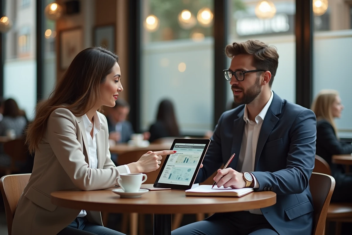 Deux associés en train de consulter ensemble une ressource web spécialisée pour éviter les erreurs courantes lors du lancement de leur entreprise dans un café urbain