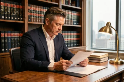 Avocat en droit des affaires assis à son bureau consultant des documents juridiques dans un cabinet professionnel