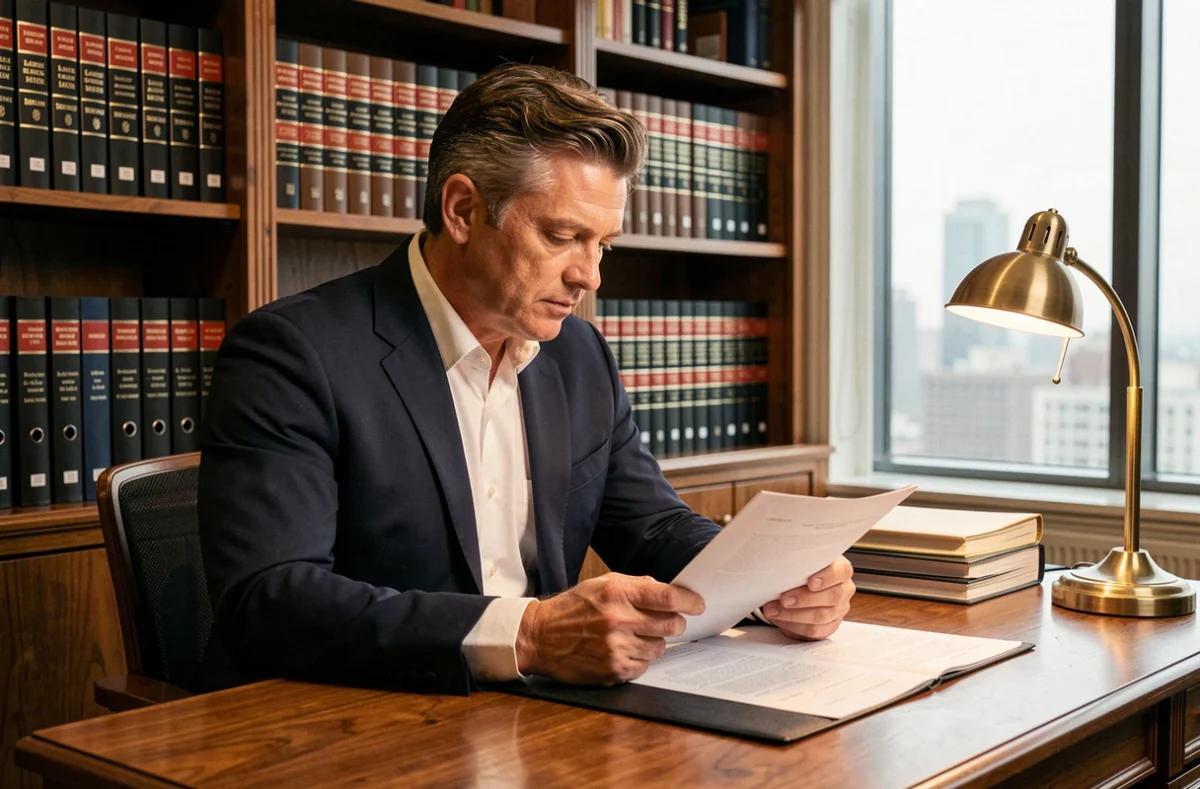Avocat en droit des affaires assis à son bureau consultant des documents juridiques dans un cabinet professionnel