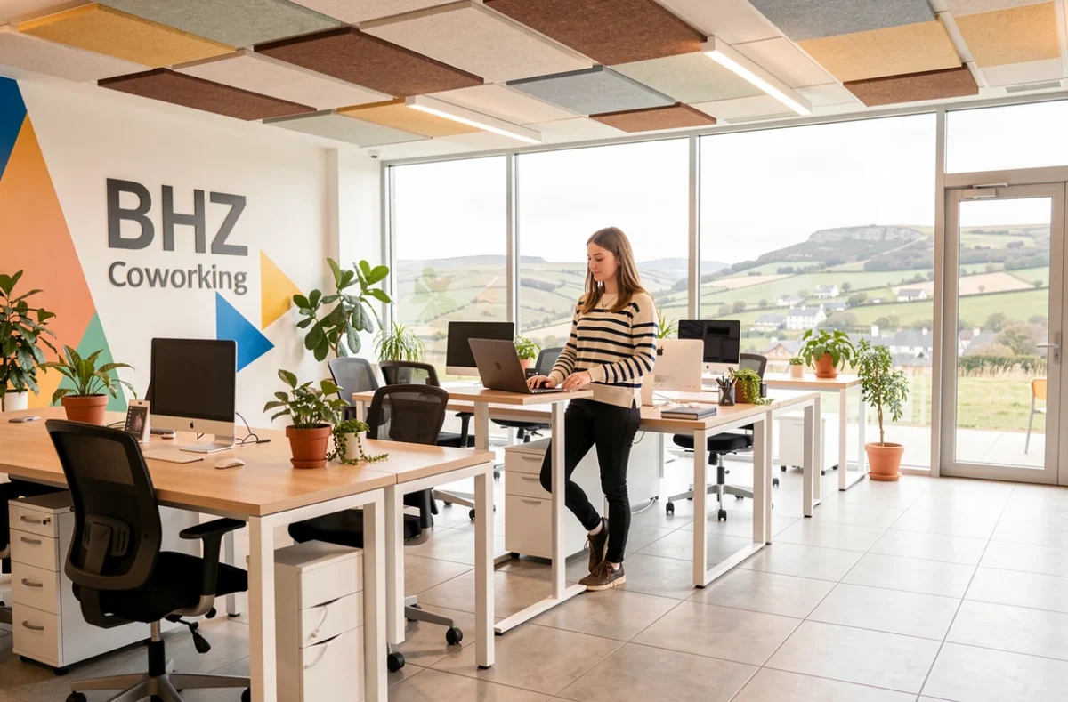 BHZ Coworking à Lannion avec open space coloré et vue sur les collines du Trégor breton