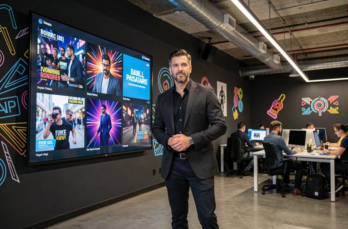 Directeur créatif de l'agence Blizzard Communication devant un écran affichant des compositions graphiques dynamiques dans un studio moderne