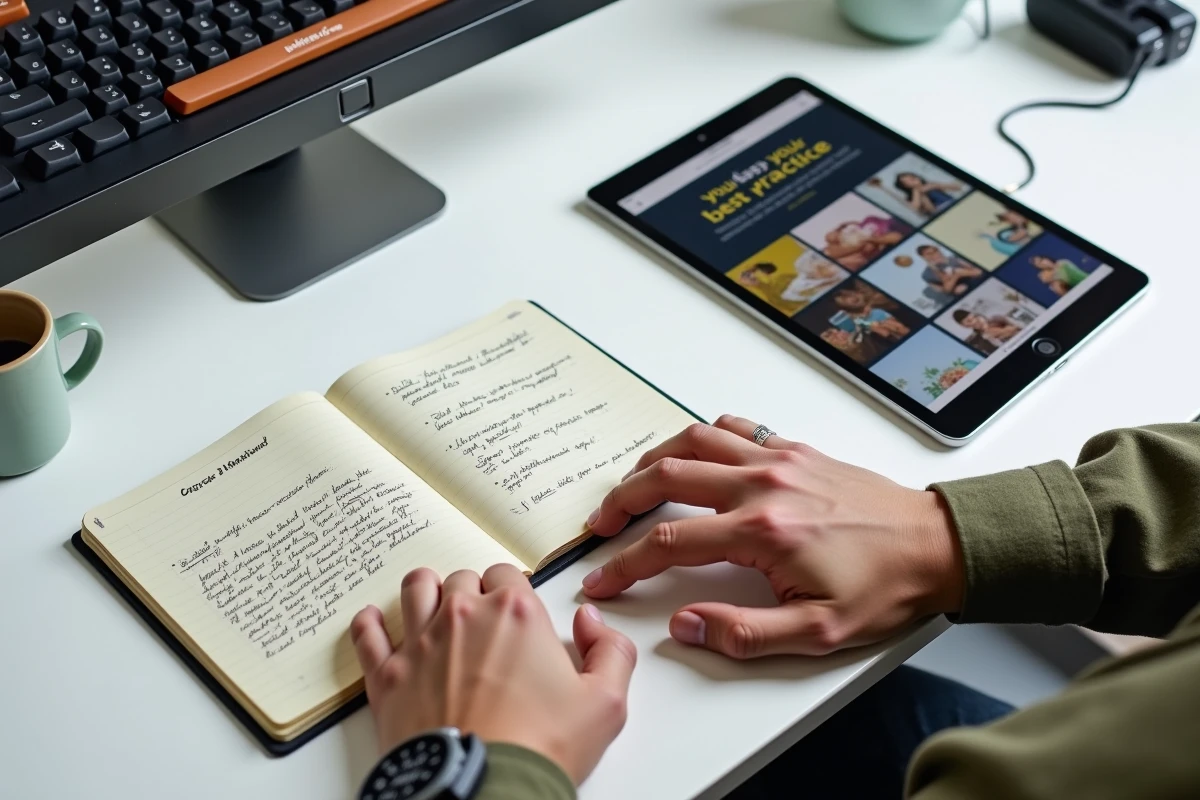 Mains d'un développeur prenant des notes sur les bonnes pratiques WordPress avec un abonnement Envato Elements ouvert sur tablette