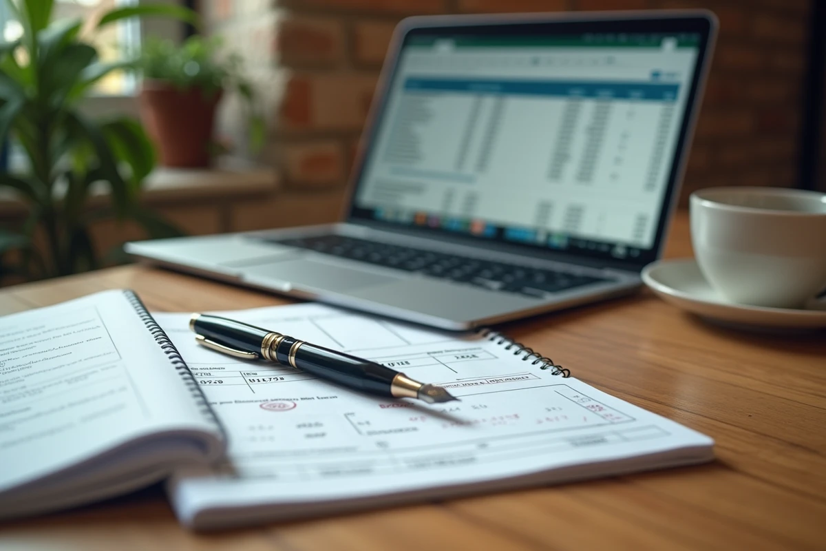 Vue en plongée d'un bureau avec ordinateur et documents pour calculer les frais de cession d'un commerce