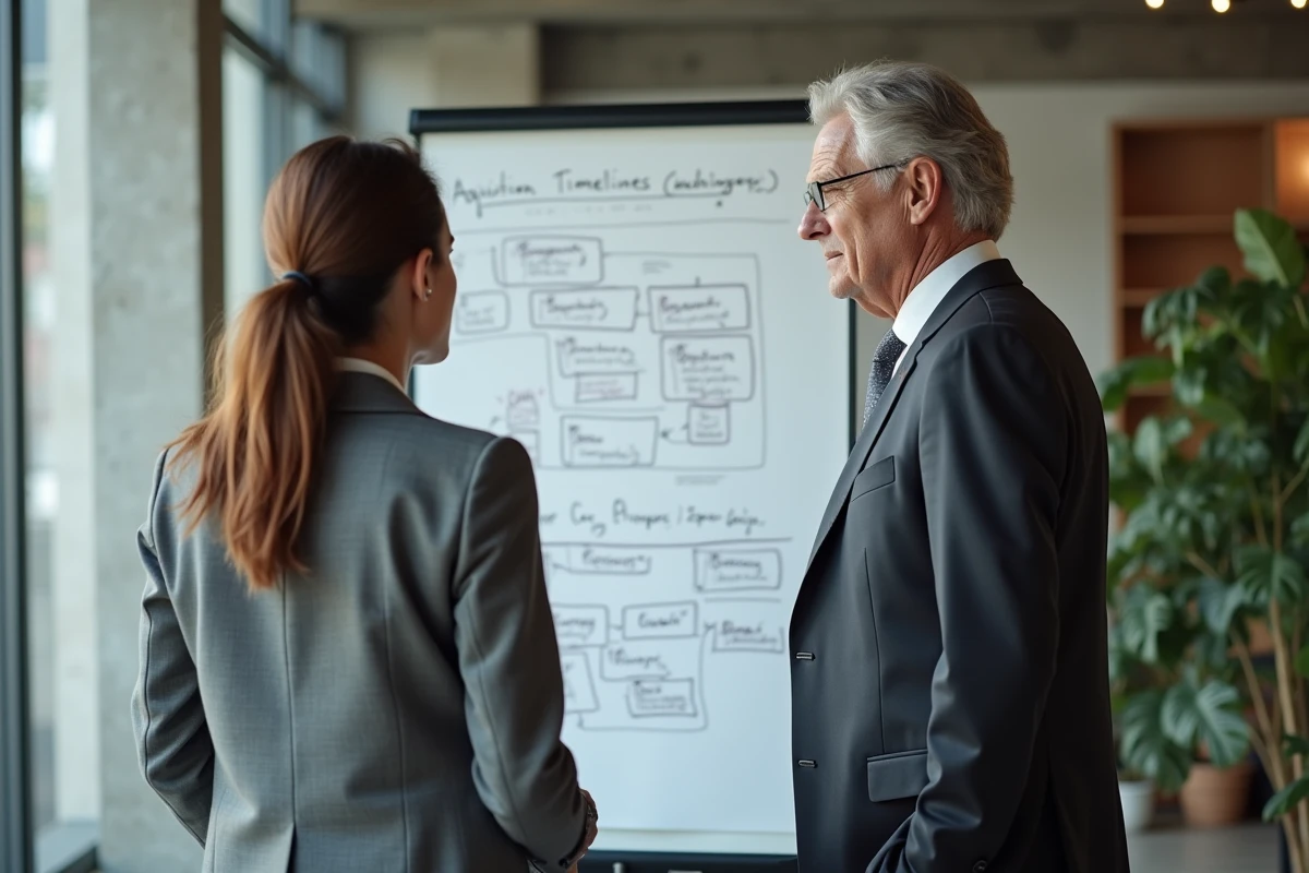 Deux cadres dirigeants discutant d'une stratégie d'acquisition devant un tableau blanc avec des schémas de processus de fusion