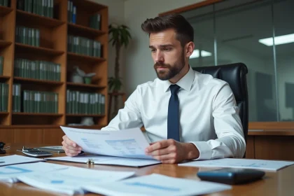 Comptable professionnel analysant des documents de cession de fonds de commerce sur un bureau en bois