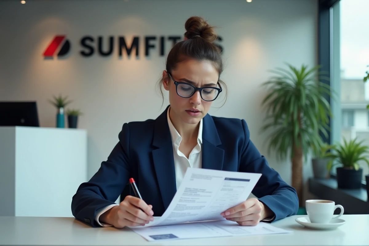 Employée examinant une facture et une carte de visite Loxam posée sur un bureau dans une agence de location de matériel