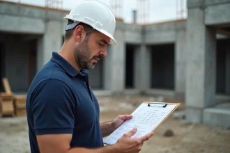 Chef de chantier comparant un devis BTP sur un chantier de construction en cours