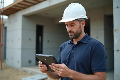 Chef de chantier consultant un devis numérique sur tablette devant une structure en béton en construction