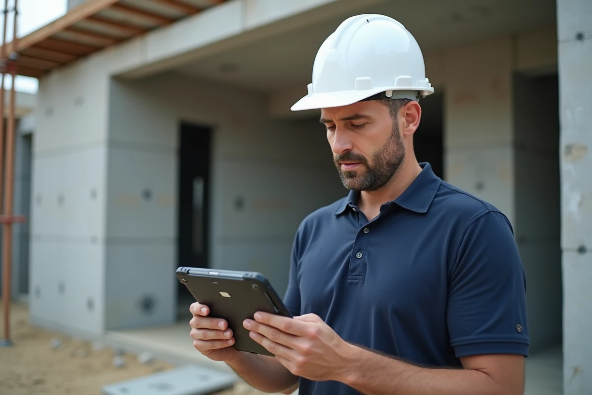Chef de chantier consultant un devis numérique sur tablette devant une structure en béton en construction