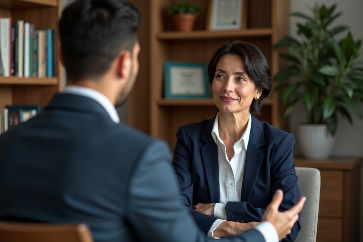 Femme coach en discussion avec un client dans une bibliothèque