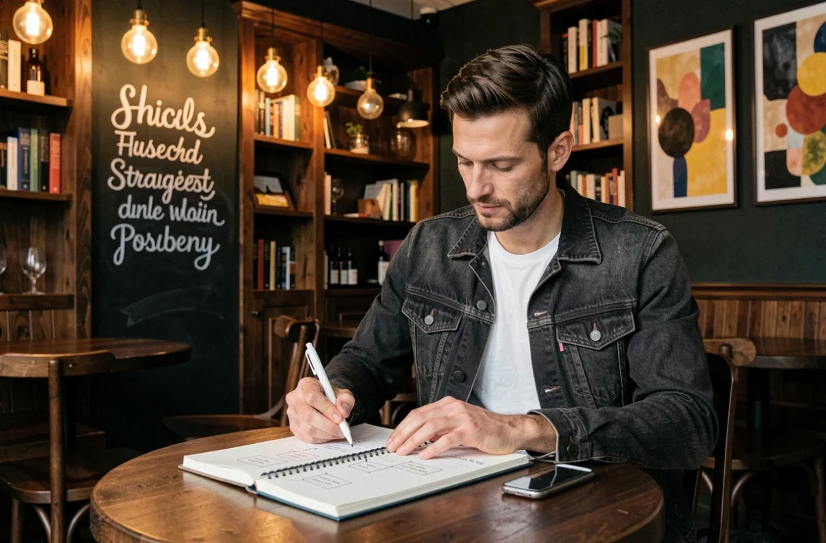 Stratège créatif de l'agence Cocktail Numérique esquissant des wireframes dans un espace de travail au design chaleureux et original