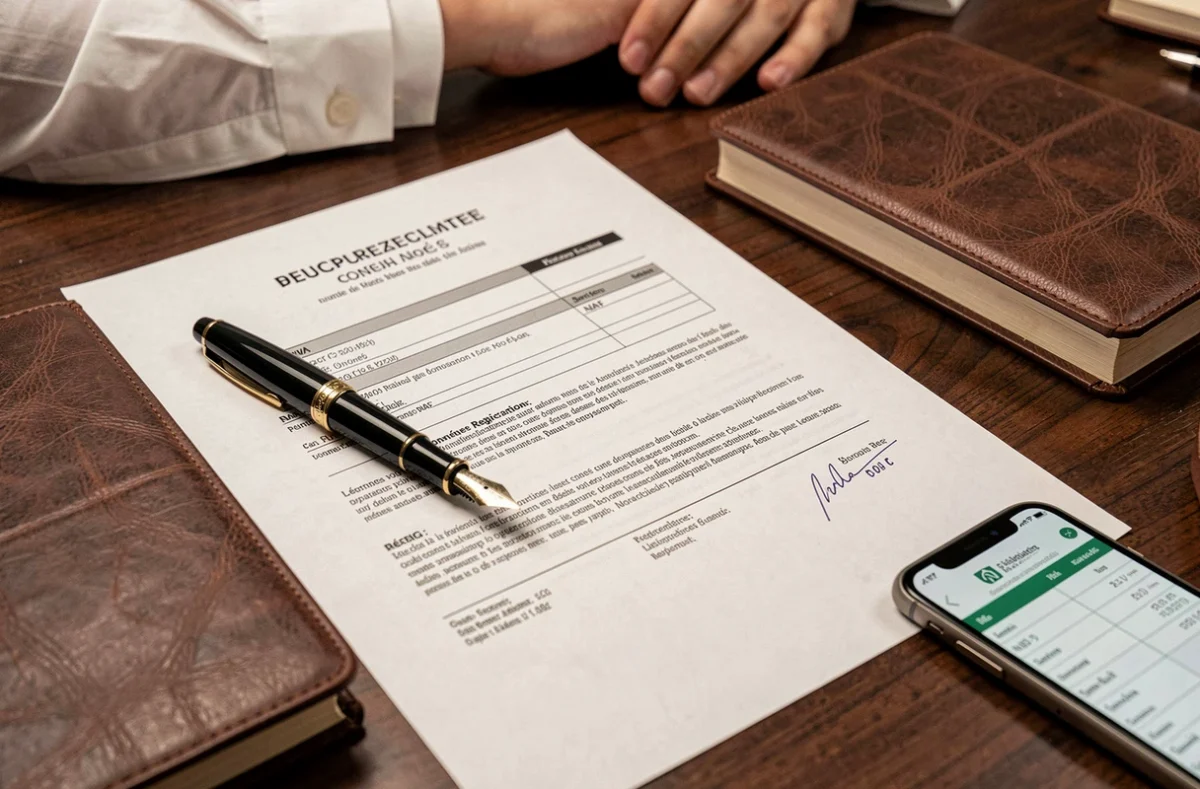 Gros plan d'un bureau d'avocat avec un document de code NAF, un stylo et un agenda dans un cabinet juridique