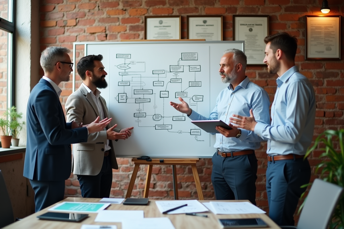 Groupe de trois personnes discutant d un diagramme de propriété intellectuelle