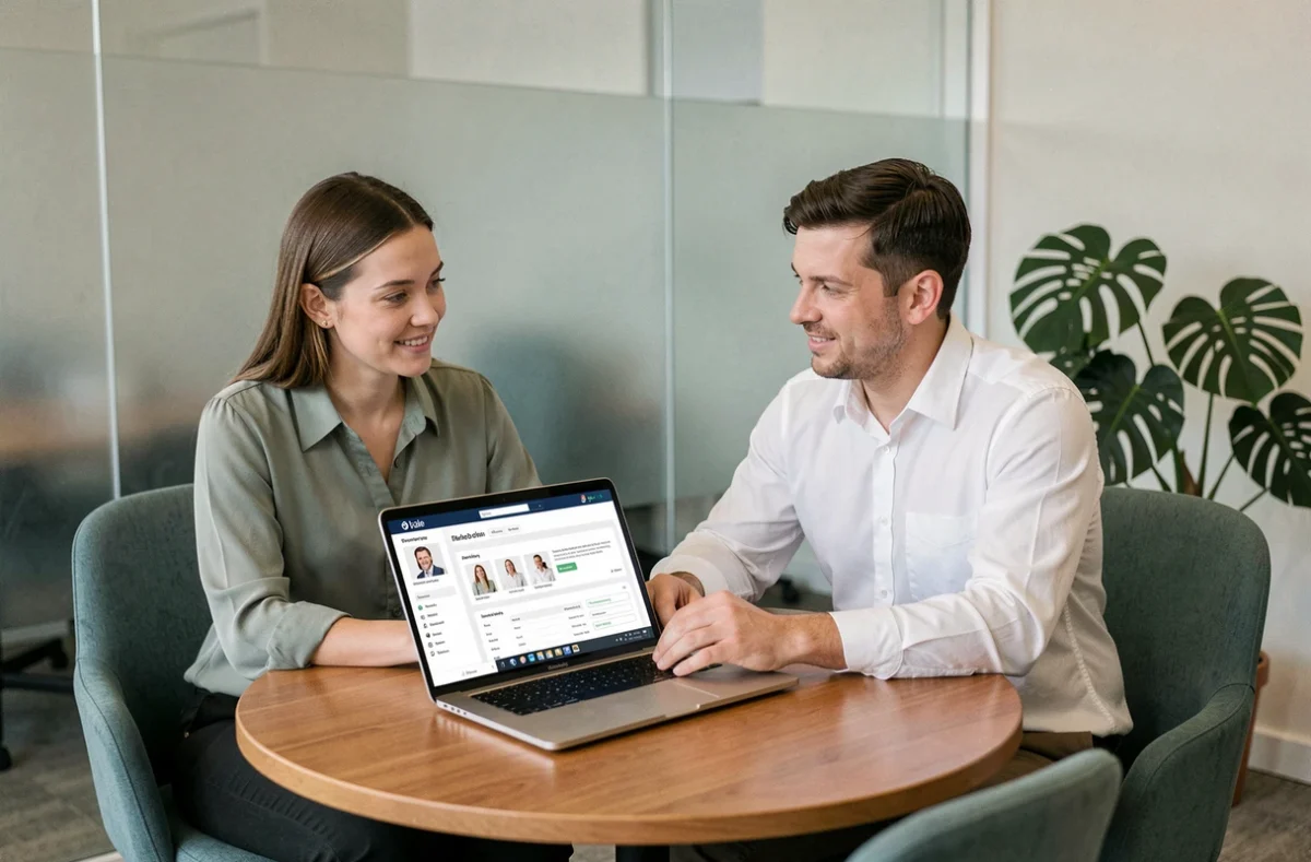 Deux collègues collaborant sur l'interface de gestion RH Deskre Silae dans une salle de réunion