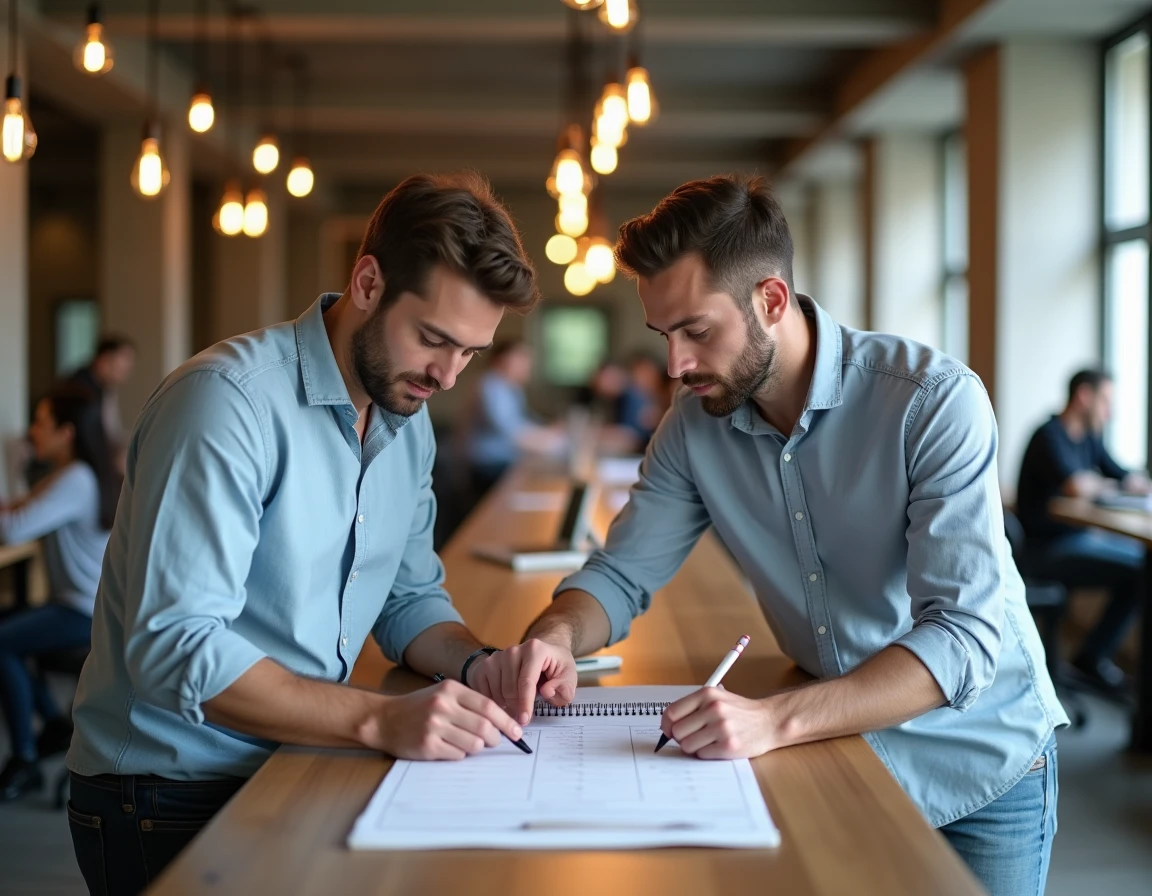 Deux collègues en espace de coworking analysant un planning d'équipe imprimé sur papier
