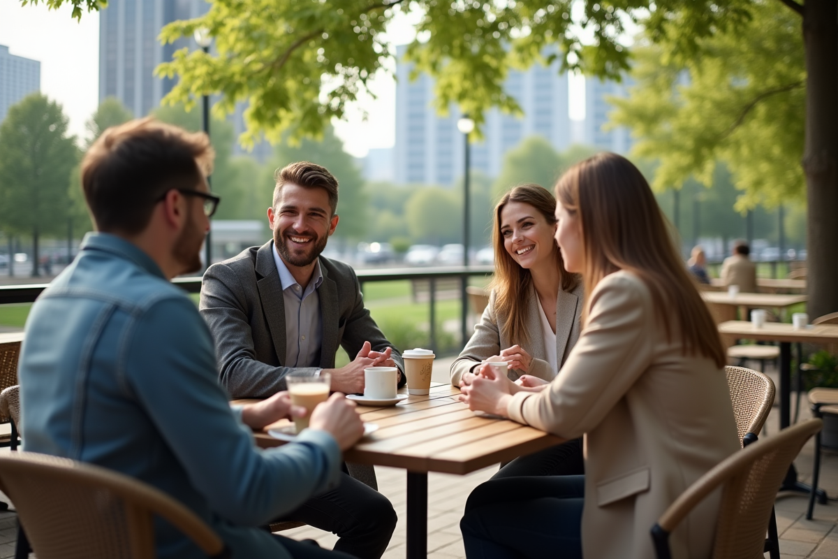 Groupe de collègues discutant dans un café en plein air