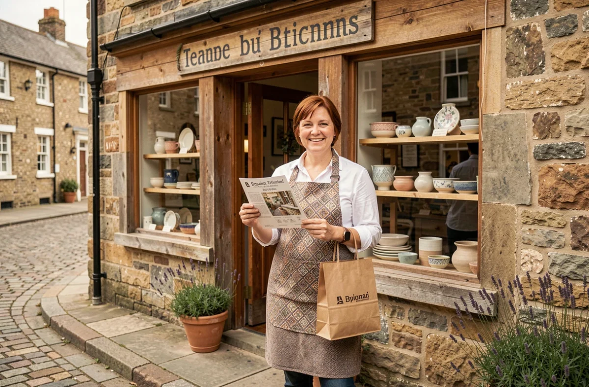 Commerçante tenant des supports de communication devant sa boutique d'artisanat local