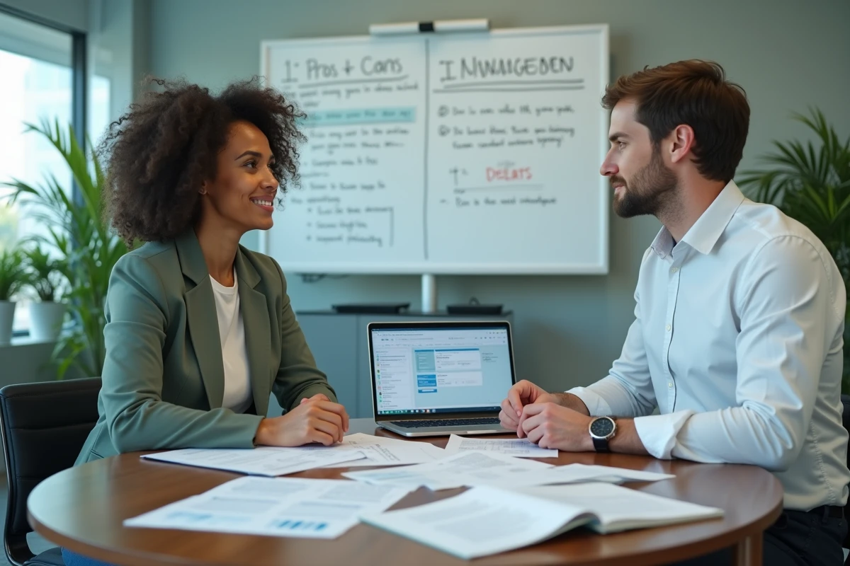 Deux professionnels RH comparant des solutions de gestion RH lors d'une réunion en salle de conférence