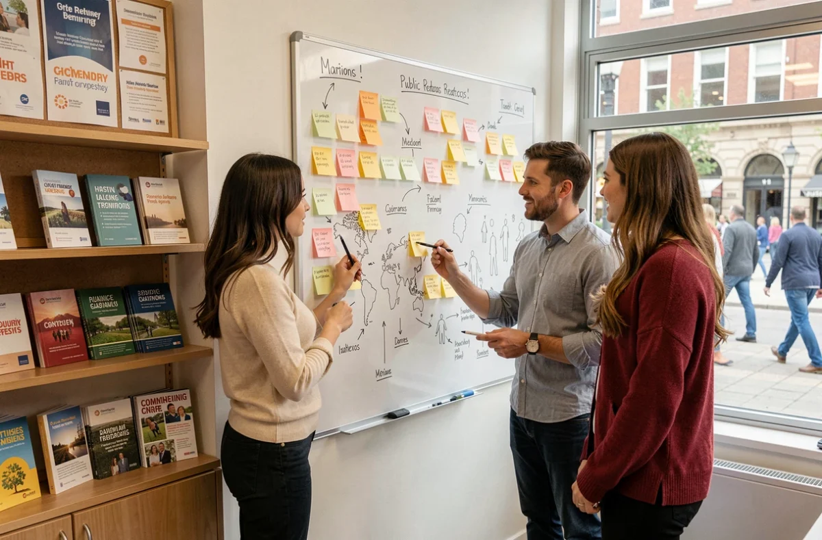 Équipe de Com'Publics collaborant sur une stratégie de relations publiques autour d'un tableau blanc dans un espace agence ouvert