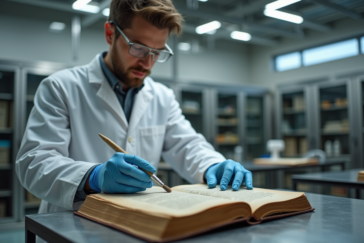 Jeune conservateur nettoyant un livre ancien en laboratoire moderne