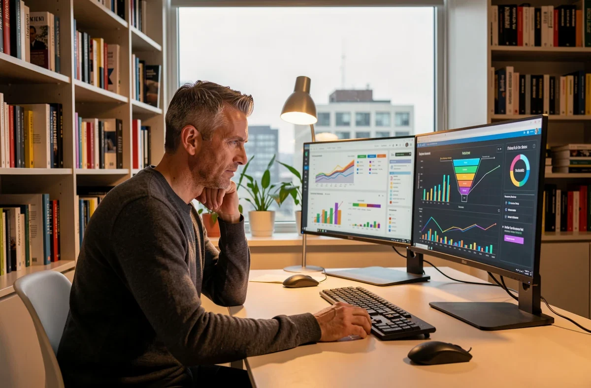 Consultant en stratégie digitale analysant des tableaux de bord marketing sur deux écrans dans un bureau moderne en 2026