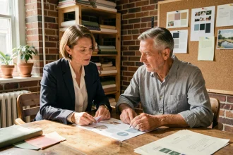 Consultante en communication présentant des supports de marque à un artisan dans un studio chaleureux