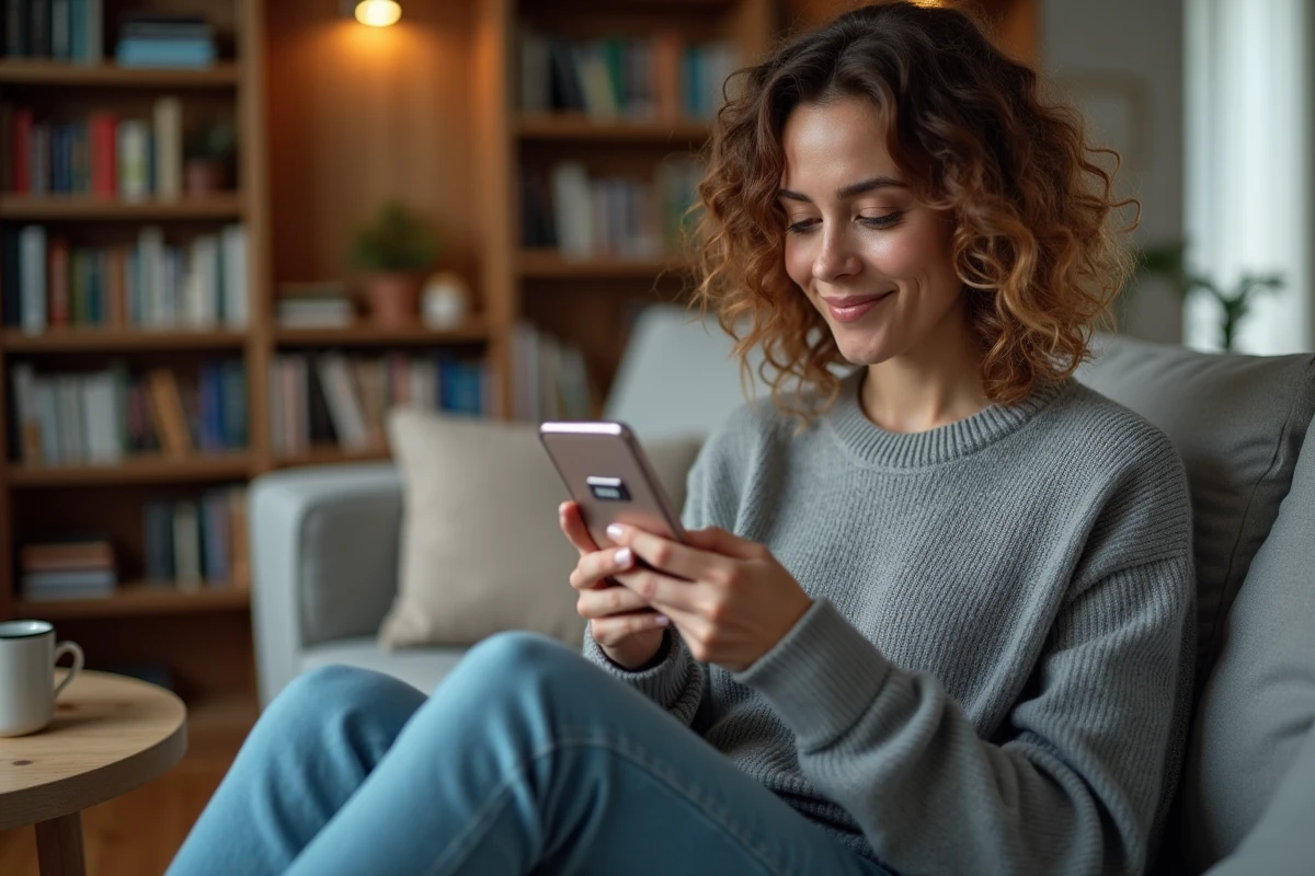 Jeune femme consultant son bulletin de paie sur smartphone depuis son canapé à la maison