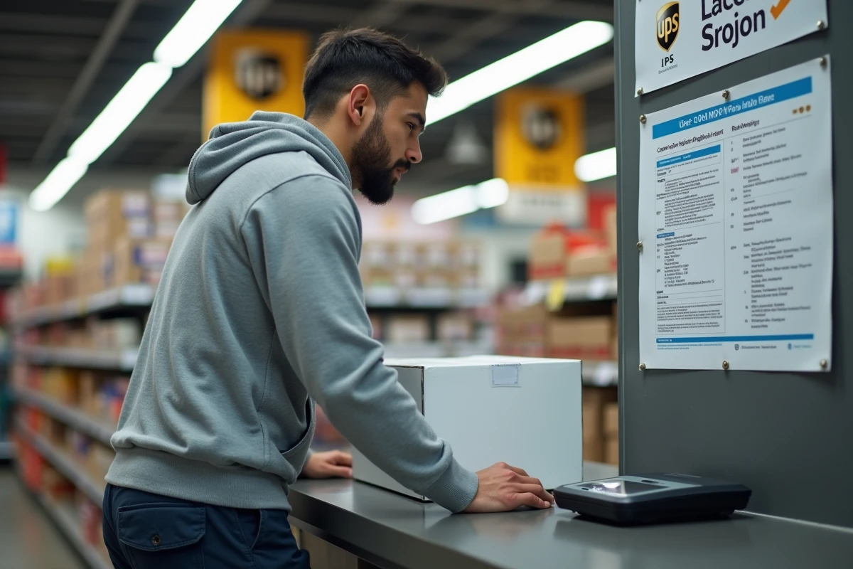 Homme consultant les tarifs et limites de poids UPS dans un point relais en supermarché