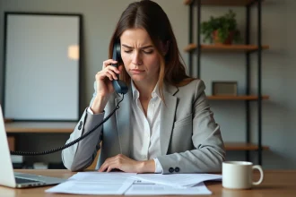 Femme en blazer gris téléphonant à l'Urssaf depuis son bureau à domicile entouré de documents administratifs