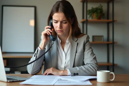 Femme en blazer gris téléphonant à l'Urssaf depuis son bureau à domicile entouré de documents administratifs
