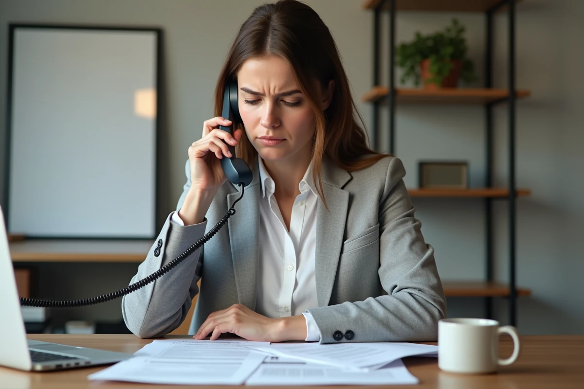 Femme en blazer gris téléphonant à l'Urssaf depuis son bureau à domicile entouré de documents administratifs