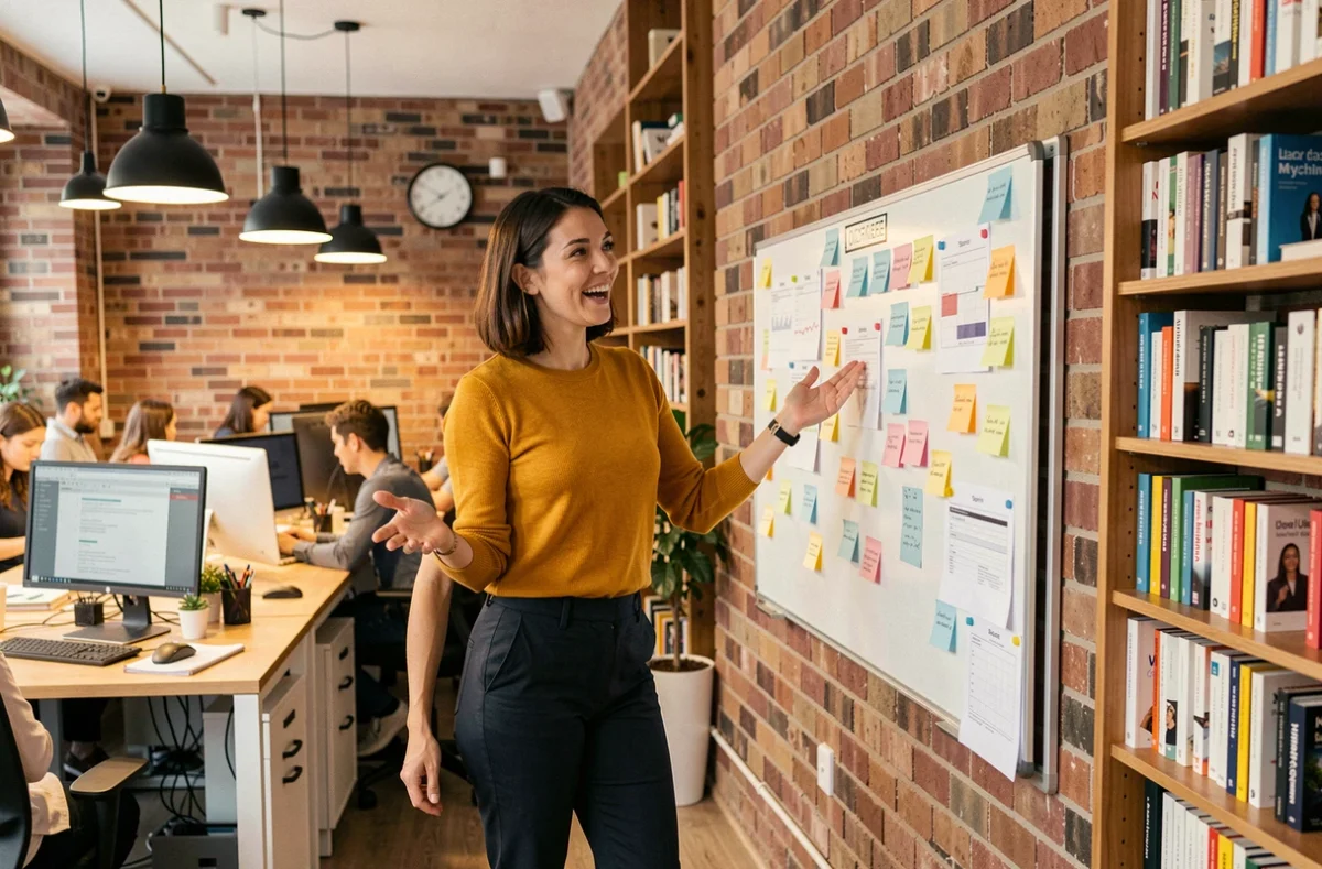 Chef de projet de l'agence Coo2boost présentant un tableau kanban de sprint dans un open space de style startup