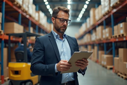 Coordinateur logistique devant des cartons dans un entrepôt